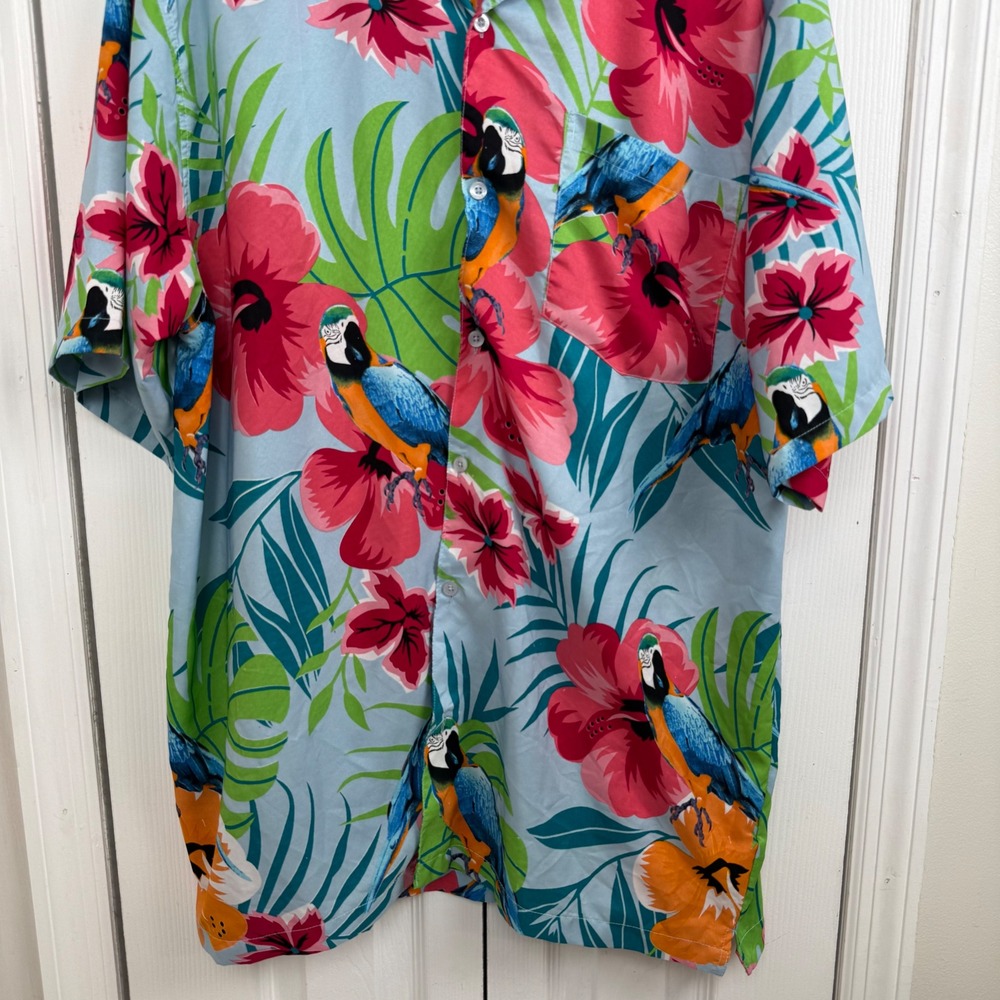 Pacific & Co Mens Hawaiian Shirt Blue Tropical Parrot Hibiscus Print‎ Size M - Picture 2 of 6
